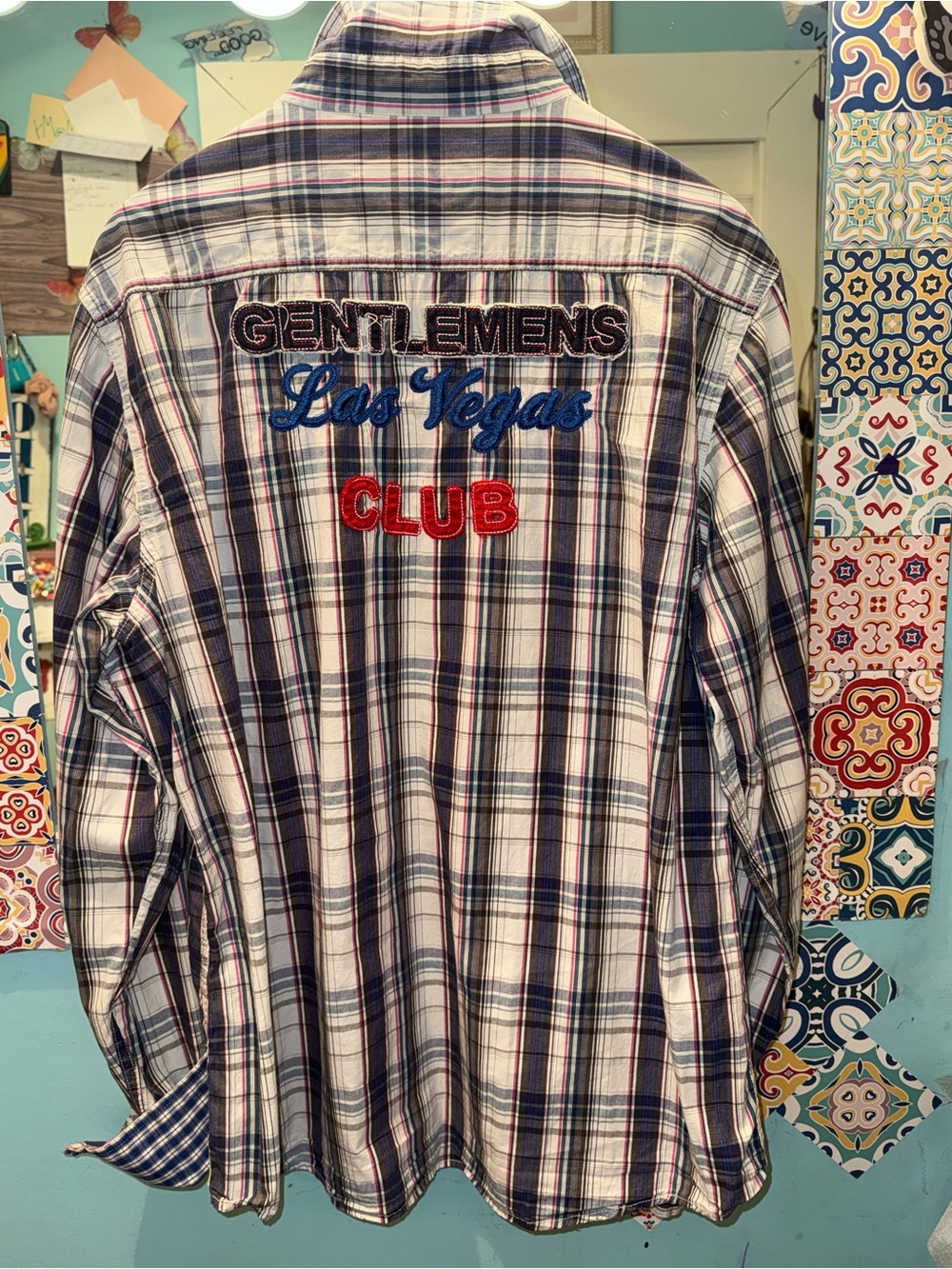Gentlemens Las Vegas Club Plaid Button-Up Shirt - Blue/White/Red 100%Cotton Y2K